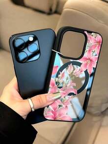 Pink Lily Flowers Pattern Magnetic Clear Phone Case For IPhone 17/16/15/14/13/12/11/Air/ProMax/Pro/Plus For Samsung Galaxy S25-S22/FE/Ultra, Shockproof Acrylic+TPU Cover, Fundas Para Cover De Matching, Creative Y2K Design, Compatible Forroid Cases For Students - 黑色 - 查看 4