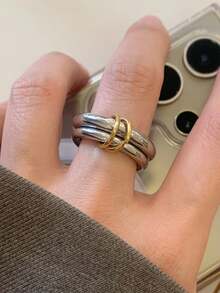 独特设计的不锈钢双层双色戒指，适合女士防水金色时尚饰品 - 金銀色 - 查看 7