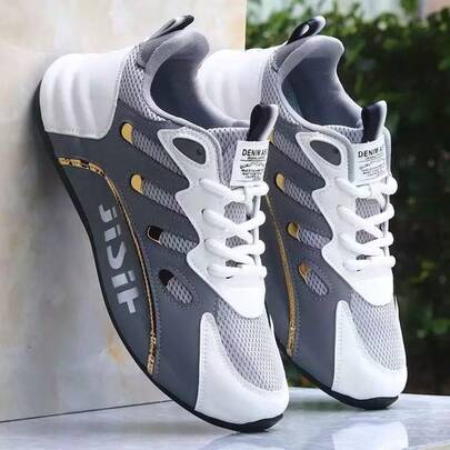 Men's Casual Sports Shoes - Fashionable Geometric Pattern, Breathable Mesh Upper Outsole, Lace-Up Closure, Low-Top Design, Suitable For Outdoor Activities All Year Round, Outdoor Running Shoes | Geometric Pattern Shoes | Lace-Up Closure Sports Shoes