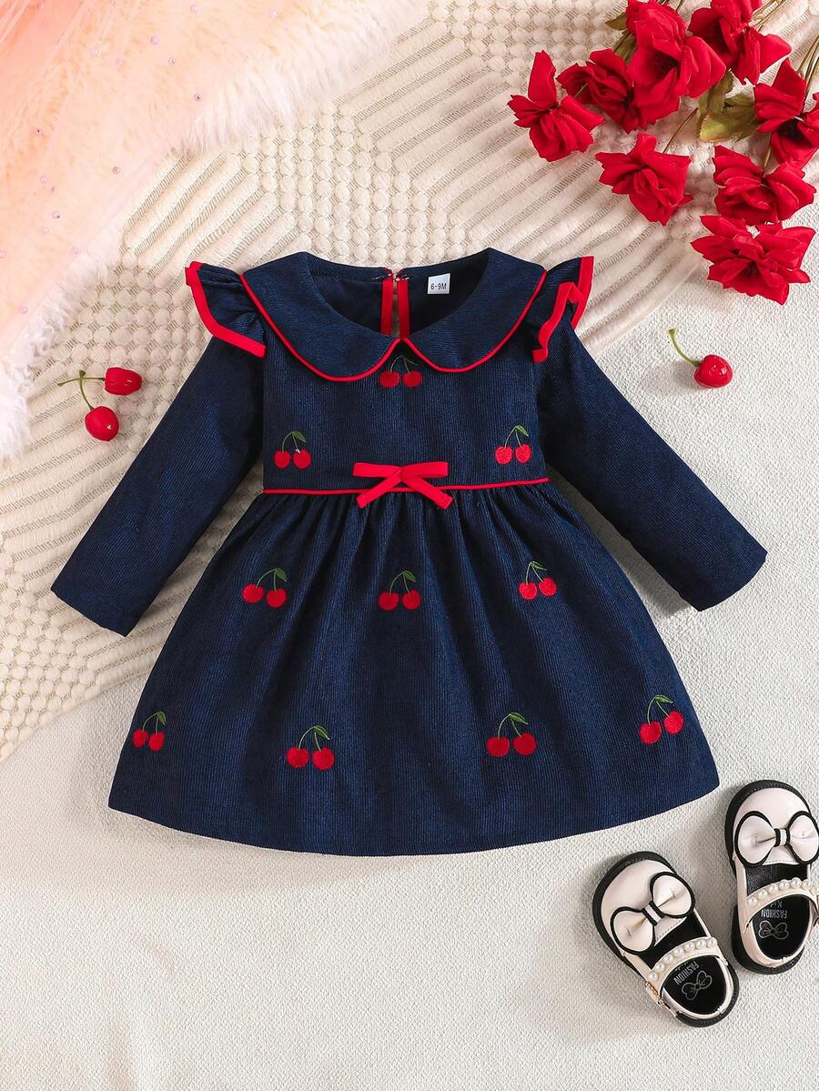 女婴休闲可爱樱桃刺绣蝴蝶结领长袖连衣裙，秋冬款 - 寶藍色 - 查看 1