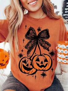 Halloween Nightmare Before Christmas Casual Pumpkin & Bow Lace Print Round Neck Short Sleeve T-Shirt For WomenCómodo Y Transpirable - 橘色 - 查看 3