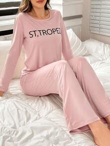 Pink Letter Graphic Long Sleeve Top & Pants Pajama Set For Women, Fall & Winter Clothes