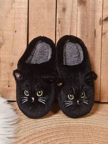 Autumn/Winter Anti-Slip Fluffy Cat Cartoon Slippers, Warm Thick Sole Indoor Home Slippers, Black,Furry Shoes - Black - View 3