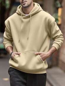 GRDR Men's Casual Street Hooded Sweatshirt, Solid Color With Fleece Lining, Loose Fit, Suitable For Everyday Lightweight Wear, Autumn/Winter - Aprikot - View 4
