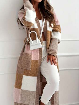 Women's Fashionable Casual Elegant Knitted Cardigan Sweater Jacket For Autumn/Winter, Long Sleeve Open Front Loose Long Windbreaker With Plaid, Color Block, Ribbed Details, Soft Warm Knitted Blend, Suitable For Outdoor, School, Daily, Home, Office Wear
