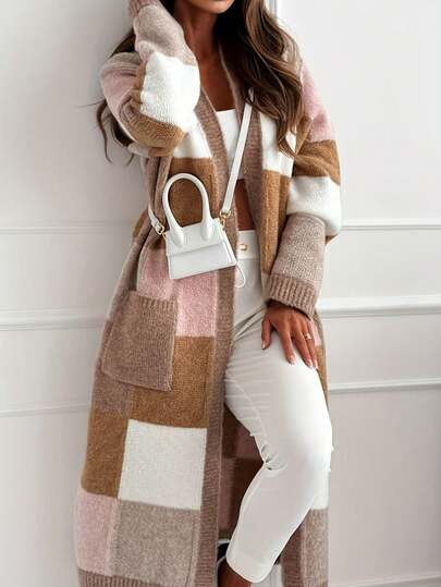 Women's Fashionable Casual Elegant Knitted Cardigan Sweater Jacket For Autumn/Winter, Long Sleeve Open Front Loose Long Windbreaker With Plaid, Color Block, Ribbed Details, Soft Warm Knitted Blend, Suitable For Outdoor, School, Daily, Home, Office Wear Vacation