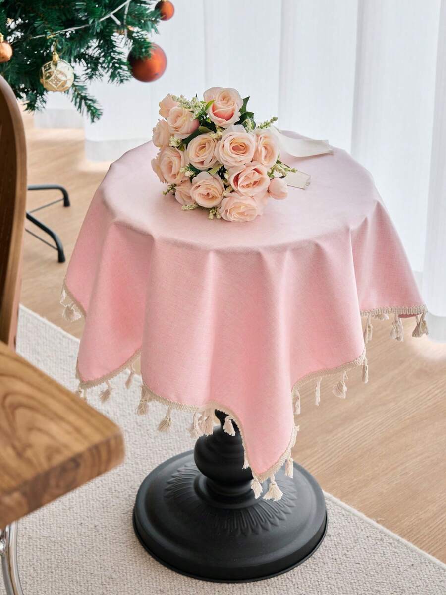 1 块防水、防油纯色桌布，带 TPU 涂层和流苏，适用于小书桌、餐桌、橱柜、厨房、微波炉罩、日常和节日餐桌装饰、野餐垫，四季皆宜