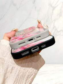 Pink Lily Flowers Pattern Magnetic Clear Phone Case For IPhone 17/16/15/14/13/12/11/Air/ProMax/Pro/Plus For Samsung Galaxy S25-S22/FE/Ultra, Shockproof Acrylic+TPU Cover, Fundas Para Cover De Matching, Creative Y2K Design, Compatible Forroid Cases For Students - 黑色 - 查看 6