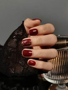 24pcs Short Square Faux Nail Tips, Burgundy Gold Floral Pattern Manicure Set, Includes Jelly Gel And Nail File, Suitable For Girls And Women To Wear On Holidays, Red Nails