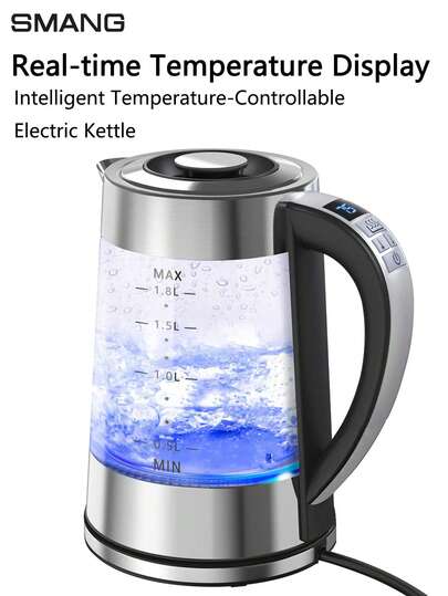 Smang 1 قطعة إبريق شاي كهربائي محمي حراريًا، من الفولاذ المقاوم للصدأ 304 والزجاج البورسيليكاتي عالي الجودة، سعة 1.8 لتر، قدرة 1800 واط لغلي الماء بسرعة