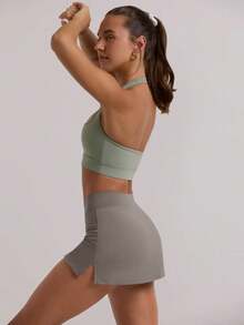 OQQ Women's 2 Piece Yogas Skirts Basic Versatile Stretchy Casual High Waist Mini Skirts Fabric Womenswear - 黑色和棕色 - 查看 5