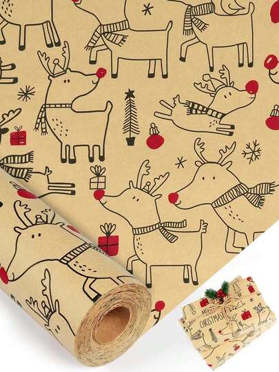 Carta da regalo natalizia - 43 cm x 300 cm - Rotolo di carta da regalo per scatole regalo di Natale, decorazione per feste di compleanno - Carta da regalo in kraft rosso e marrone con un delizioso design a cervi, Buon Natale, classico vintage Rotolo di carta da regalo per Natale, Capodanno, vacanze invernali