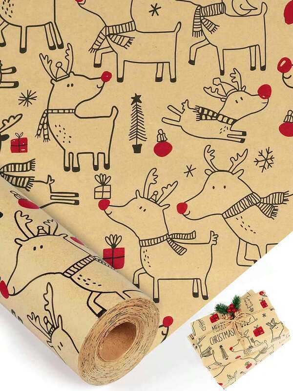 Papel de embrulho de Natal - 17 polegadas * 118 polegadas - Rolo de papel de embrulho para caixa de presente de Natal, decoração de festa de aniversário - Papel de embrulho Kraft vermelho e marrom com lindo design de veado, Marry Christmas, rolo de papel de embrulho de presente clássico vintage para Natal, Ano Novo, férias de inverno