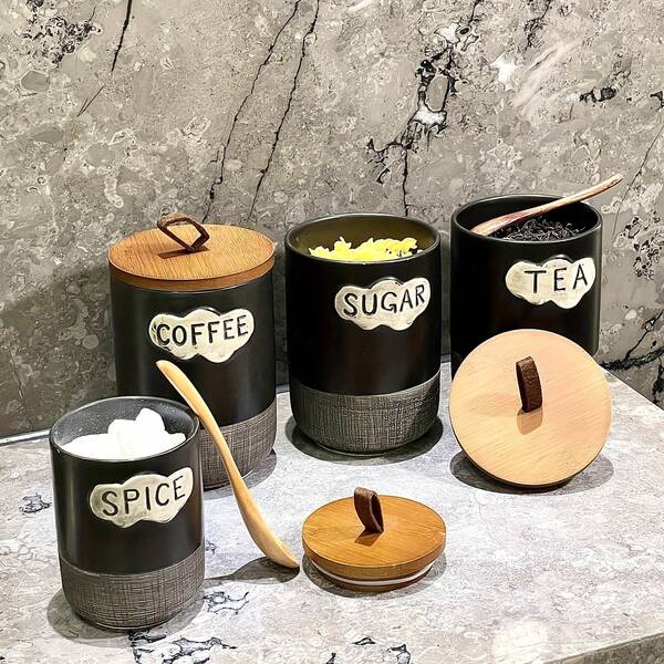 1 Pc Vintage Light Luxury Style Ceramic Jar With Sealed Wooden Lid - Kitchen For Storing Flour, Sugar, Coffee, Tea And Spices - Modern Countertop Decoration