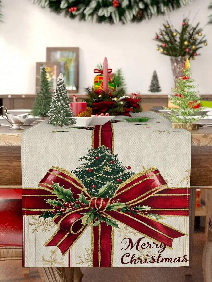 1 pieza Camino de mesa con lazo navideño, Camino de mesa decorativo navideño, Camino de mesa tipo lino navideño, Camino de mesa, Camino de mesa, 1 pieza Camino de mesa, 4 piezas Individuales, 1 pieza Funda de cojín (sin relleno), 3 productos disponibles, Decoración del hogar de temporada para interiores/exteriores, Decoración del hogar de invierno, Decoración navideña, Decoración de habitación navideña, Decoración de fiesta navideña - Multicolor - Ver 1