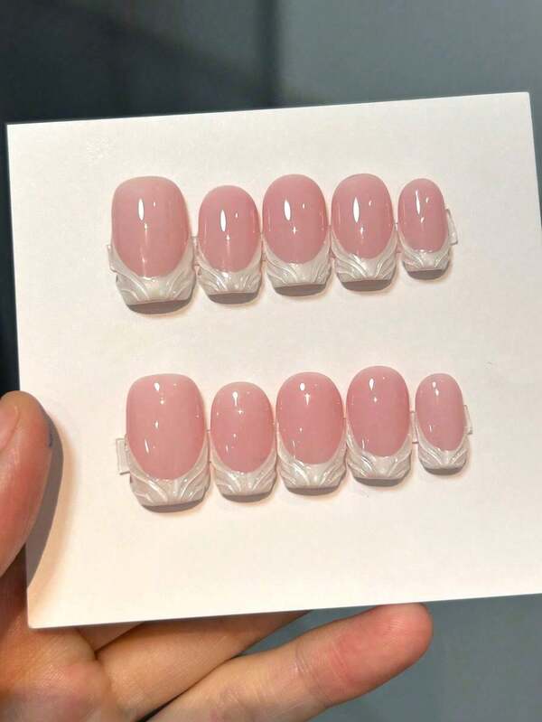 10 Stücke handgefertigte tragbare Nagel Aufkleber für Frauen mit voller Abdeckung, wiederverwendbar, quadratisch, mittelgroß, französisch rosa, handgemachte Nagelkunst für Mädchen und Pendlerinnen, einfache Nagelkunst mit Perlen-/Aurora-/Laser-Effekten, Perlglanz, französischer Seidentextur, französischem Design, Nagelkunst mit glänzendem Finish, hochwertiger minimalistischer Urlaubsstil