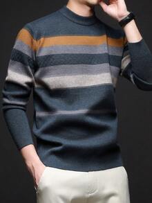 男士厚款 V 领提花毛衣，休闲商务通勤长袖套头衫，适合分层穿着或外套，秋冬 - 青碧色 - 查看 7