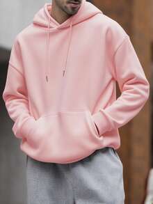 Men's Casual Street Hooded Sweatshirt, Solid Color With Thermal Lining, Loose Fit, Autumn/Winter