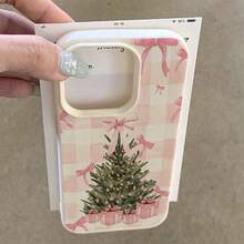 1pc TPU Material Cute Fresh Pink Plaid Christmas Tree Bow Gift Box Pattern Phone Case Compatible With IPhone/