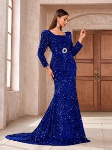 Damen Königsblau Pailletten Abendkleid mit quadratischem Ausschnitt, Langarm und Meerjungfrau-Saum mit Gürtel für glamouröse Abendveranstaltungen - Königsblau - Übersicht 5