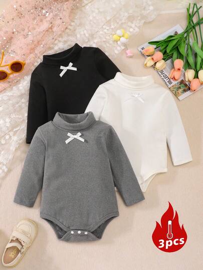 3pcs/Set High Collar Brushed Fleece Toddler Girls Long Sleeve Romper, Casual Bodysuit Bodysuit, Minimalist Outerwear