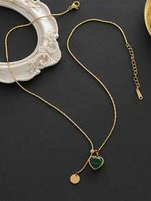 1pc Stainless Steel Emerald Diamond Heart Titanium Steel Necklace For Women, Minimalist Design, Adjustable Choker Necklace, Suitable For Daily Wear And Holiday Gifts