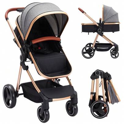 Baby Stroller Pushchair 2 In 1 Reversible Bassinet Pram, Foldable Pushchair With High Landscape, Suspension Wheels, UPF 50+ Canopy, Stroller For 0-36 Months