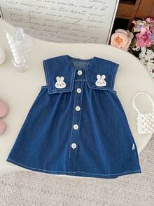 Infant Girls' Korean Style Denim Dress With Rabbit Graphic, Summer Baby Toddler Clothing - Màu xanh lam - Xem 7