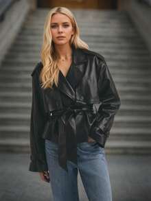 Women's Leather Jacket Belt Waist Cinching Slim Fit Fashion New Short Jacket Leather Jacket - 黑色 - 查看 2