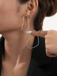 1 Pair Geometric Heart-Shaped Line Hoop Earrings, Suitable For Women's Daily Wear - 銀戒指 - 查看 7