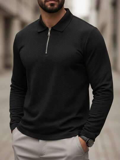 男士长袖针织 Polo 衫，半拉链，休闲修身套头衫，适合秋冬