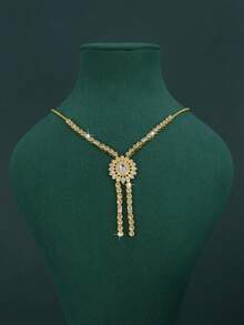 Juego de joyería nupcial de 5 piezas con baño de oro de 18K, diseño de borla redonda de estilo real, con circonita cúbica blanca engastada a mano, que incluye collar, pulsera, pendientes y anillo, adecuado para uso diario y ceremonia de boda, regalo de aniversario de boda