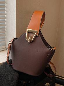 时尚百搭的撞色手提包，便携可调节肩带，金属装饰，斜挎包，优雅简约的单肩包，适合商务旅行、通勤、工作、外出、约会、购物。 - 咖啡棕 - 查看 5