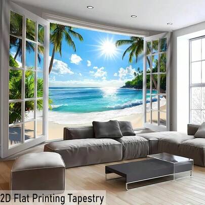 1 pieza Tapiz de paisaje de árbol de coco y sol de gran tamaño con impresión digital, de poliéster, decorativo y estético, adecuado para decoración de sala de estar, dormitorio, fiesta y pared, incluye colgador gratis