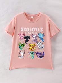 Young Girls' Cute Bubble Dragon Print Crew Neck Casual T-Shirt, Summer - Pink - View 2