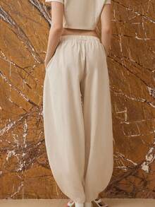 女士休闲纯色不对称腰线长裤 春季 - 杏色 - 查看 4