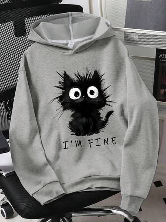 Teen Girl Clothes Street Fashion A Black Kitten In Good Condition Pattern Print Oversized Loose Long-Sleeved Sweatshirt, Interesting Painting Style Patterns, Girl's Solid Color Hooded Sweatshirt, Suitable For Daily Wear, Party, School, Attending Music Festivals, Vacation, Commuting. Can Be Given As A Gift To Family, Boyfriend, Girlfriend, Friends, Girls Winter Clothes, Essentials Sweatshirt