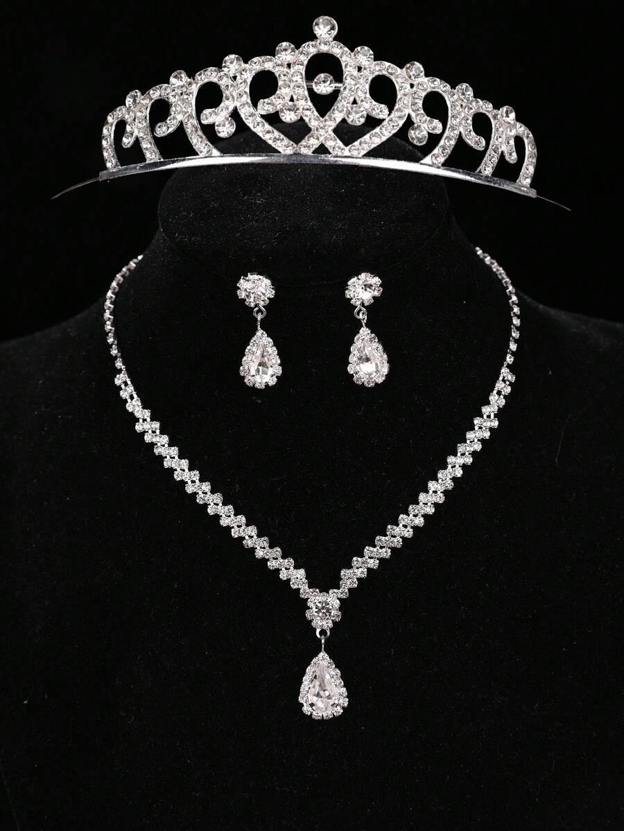 4 件套公主项链套装、皇冠项链套装、水晶级儿童派对头饰、豪华皇冠项链礼盒，适合节日、婚礼、庆典 - 銀色 - 查看 1