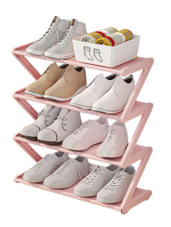 1 pieza Estantería para zapatos en forma de Z de 4 niveles, fácil de ensamblar, con tubo de metal y soporte de plástico, organizador de almacenamiento apilable, adecuado para el hogar, dormitorio y sala de estar, diseño de piso ahorrador de espacio, organizador de almacenamiento de zapatos