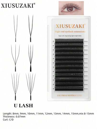 XIUSUZAKI 12 filas de extensiones de pestañas de visón 3D 4D 5D de 8-15 mm con forma de U, nuevas pestañas individuales prefabricadas densas