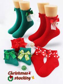 2 Pairs Christmas Color Mid-Calf Socks, Suitable For Party Decorations, New Year Party Gifts, Small Giveaways, Bow Decorated Mid-Calf Socks, Family Holiday Christmas Party Decorations, Thickened Christmas Dot Bow Socks For Infants And Toddlers