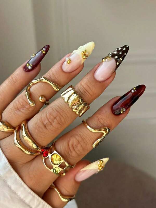 24 Pieces Of Autumn And Winter White Polka Dot French Brown Nails 3D Gel Gold Steel Ball Press On Nails Suitable For Women And Girls Autumn Daily Travel Office Almond Fake Nails With Jelly Glue 1 Piece 1 Rub Strip