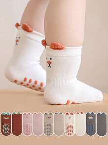 3 Pares de Meias de Bebê Antiderrapantes com Padrão Aleatório Misto de Cor de Desenho Animado de Orelha e Expressão, Sola Macia para Uso Interno, Adequado para Uso Diário de Meninos e Meninas Pequenos