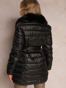 Quilted Jacket With Belt And Fur Collar - Black - View 3