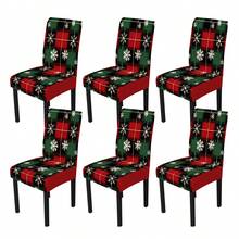 1/4/5/6/7/36 pièces Housse de chaise/Housse de siège à carreaux rouges, verts et noirs avec imprimé flocon de neige blanc, convient pour la maison, le restaurant, l'hôtel, un choix idéal pour la décoration quotidienne moderne. La nappe s'adapte à une table carrée, la housse de chaise élastique est lavable.