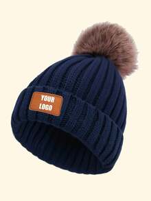 Personalized Kids Knitted Beanie Hat With Single Pom Pom, Multi-Color Options, Leather Label For Engraving, Suitable For Older Children, Winter Outings, Family Gatherings, Etc.