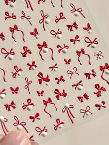 1 件简约线条蝴蝶结红色激光粉色烫印 3D 自粘指甲饰品贴纸仿珍珠水钻指甲贴纸 DIY 指甲