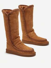 Flat Sole Snow Boots With Stitching And Fur - Brown - View 4