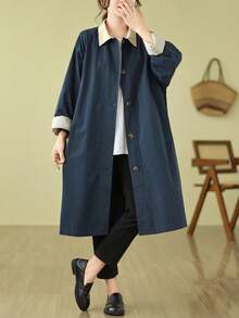 Women's Plus Size Fall/Winter Japanese-Style Trench Coat - Mid-Length Lapel, Figure-Flattering Color Block, Drop Shoulder & Woven Fabric, Button-Front With Pockets