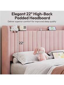 Queen Size Upholstered Velvet Bed Frame With Charging Outlets & USB Ports, Pink